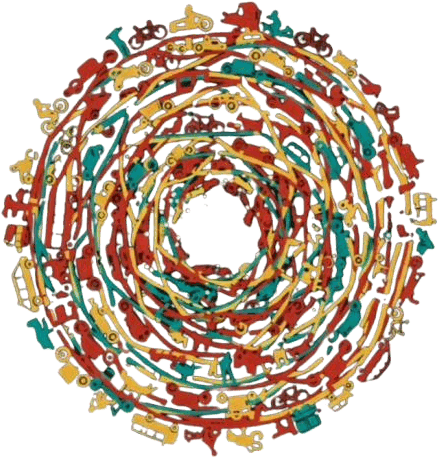 Rotating wheel of dense mixed-traffic icons — autos, bikes, carts, and vehicles